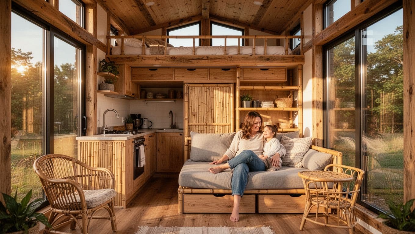 Cozy open-concept tiny house interior blending kitchen and living areas with large floor-to-ceiling windows allowing natural light. Features a loft bed with hidden storage, bamboo shelving, rattan chair, timber frame walls, and one person relaxed on a multi-use sofa bed.