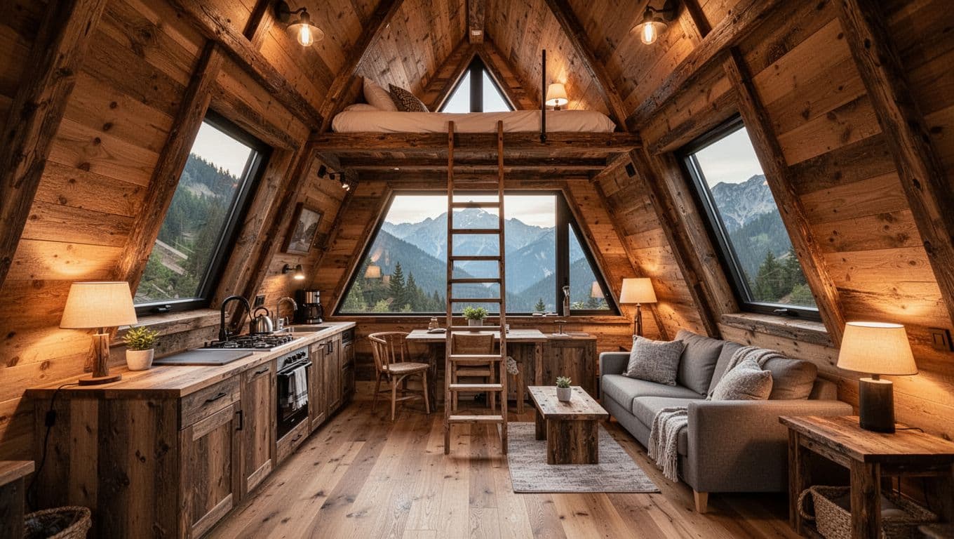 Interior of cozy rustic A-frame tiny house with open ground floor living area, kitchenette, ladder to loft bedroom, steep wooden walls, large triangular window with mountain view, wooden floors and beams, warm ambient lighting.