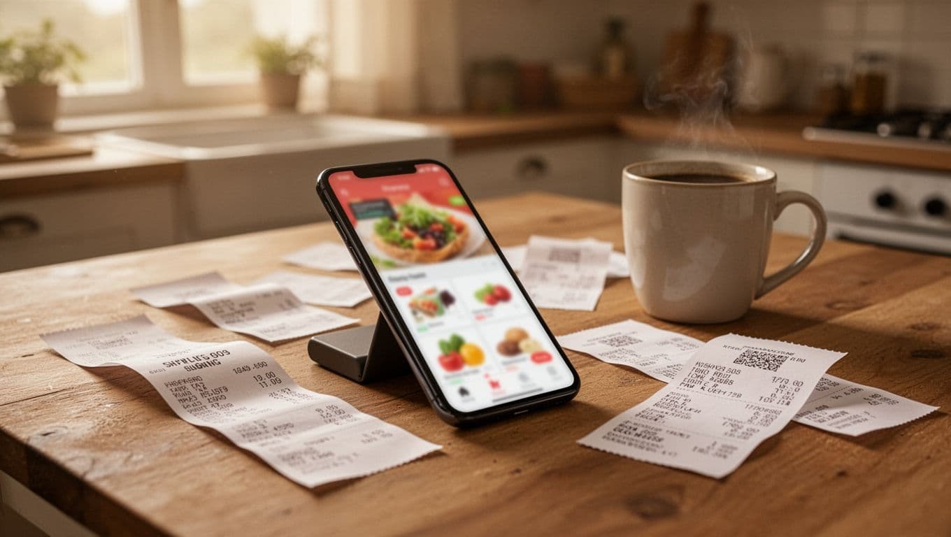 Photorealistic cozy home kitchen scene featuring a smartphone on a table displaying a blurred shopping app screen, surrounded by scattered grocery receipts and a coffee mug in soft morning light.