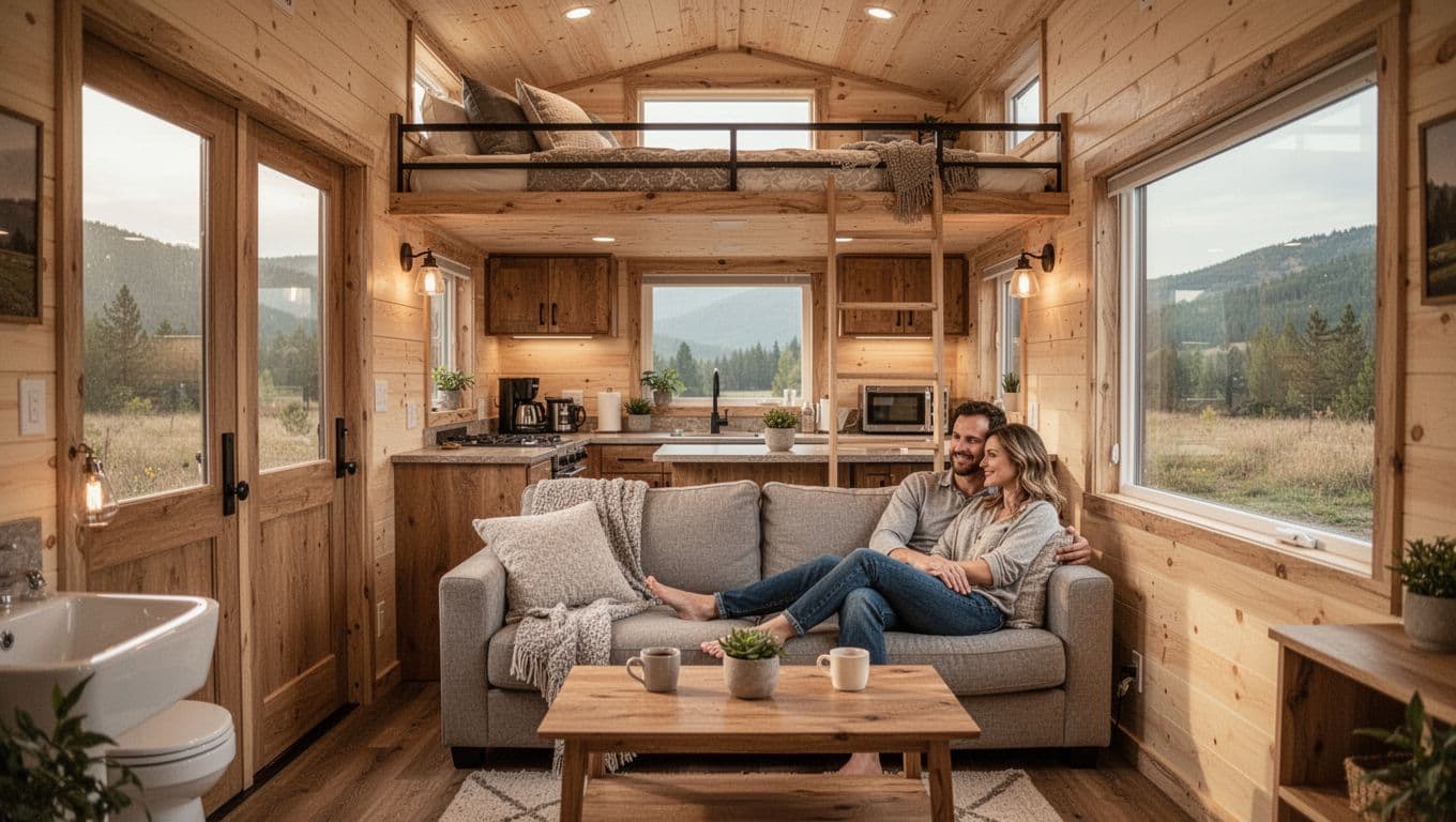 Realistic photo of a 8.5x24 feet cozy tiny home interior featuring queen size loft bed overhead, spacious couch and coffee table below with two people relaxing, open kitchen counter with appliances, partially visible full bath, soft warm lighting, wooden elements, and large windows allowing natural light.
