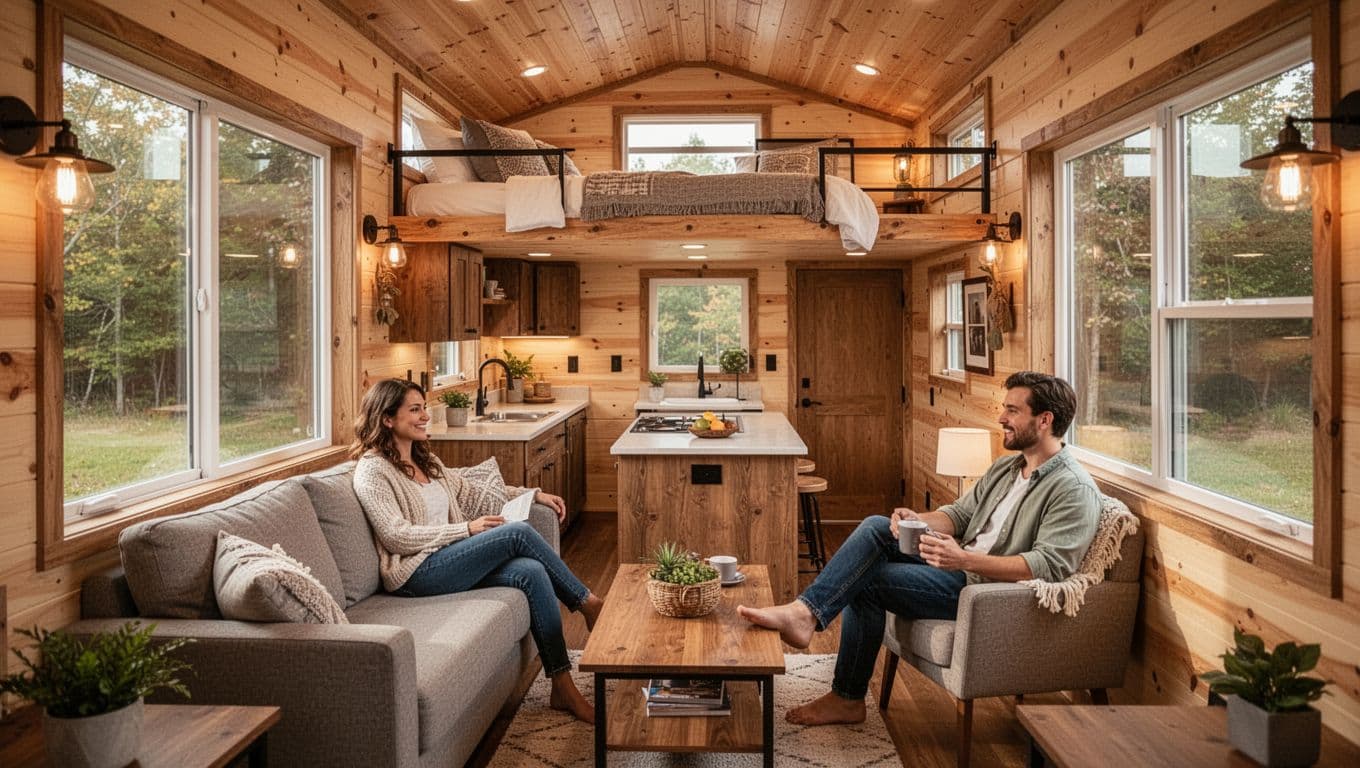 Cozy 8.5x24 feet tiny home interior for couples with queen loft bed above, couch and coffee table below where two people relax, open kitchen island, full bath door, warm wood tones, large windows with natural light.
