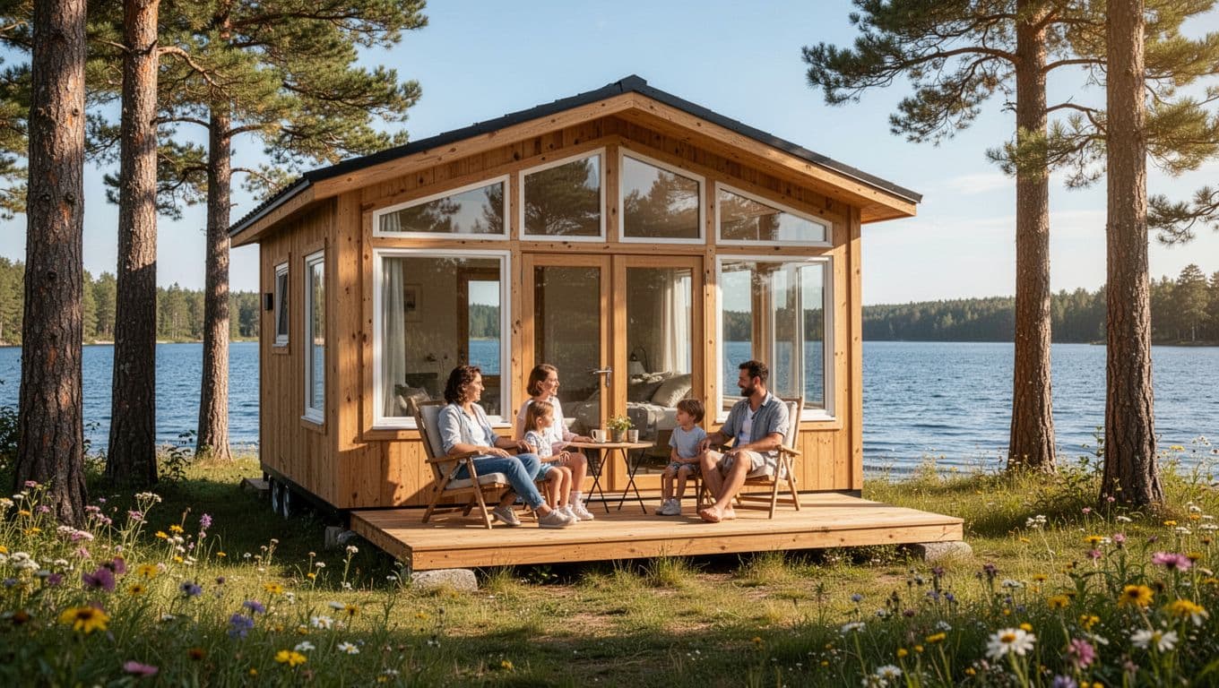 Cozy 340 sq ft tiny wooden lake house as backyard guest suite, with large wraparound windows overlooking serene blue lake. Family of two adults and two children relaxes on front porch amid pine trees and wildflowers on sunny afternoon.