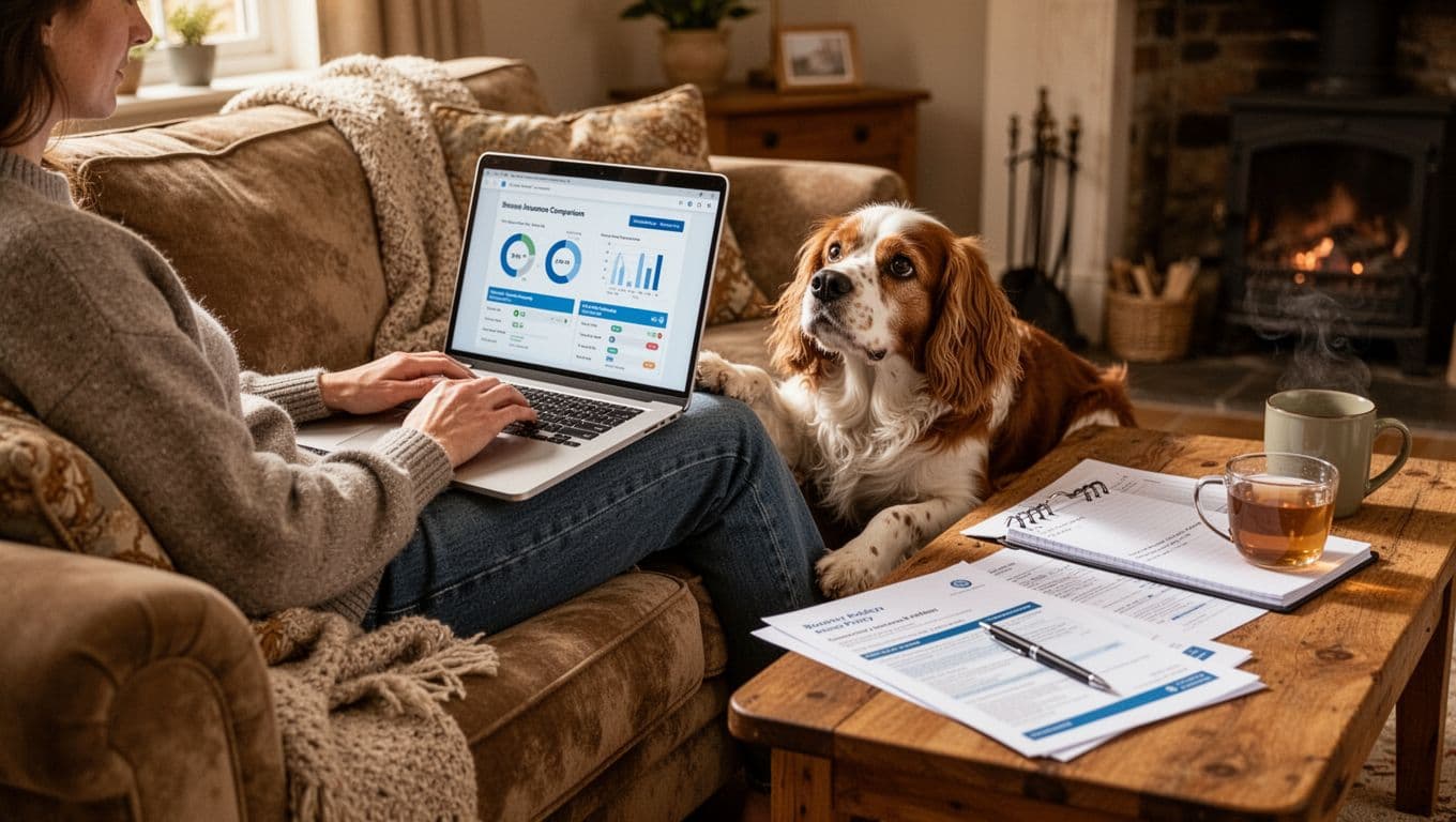 Person comfortably seated on plush sofa in soft-lit UK living room, laptop displaying abstract insurance graphs, friendly spaniel resting head on leg, coffee table with policy documents, notepad, and tea mug.