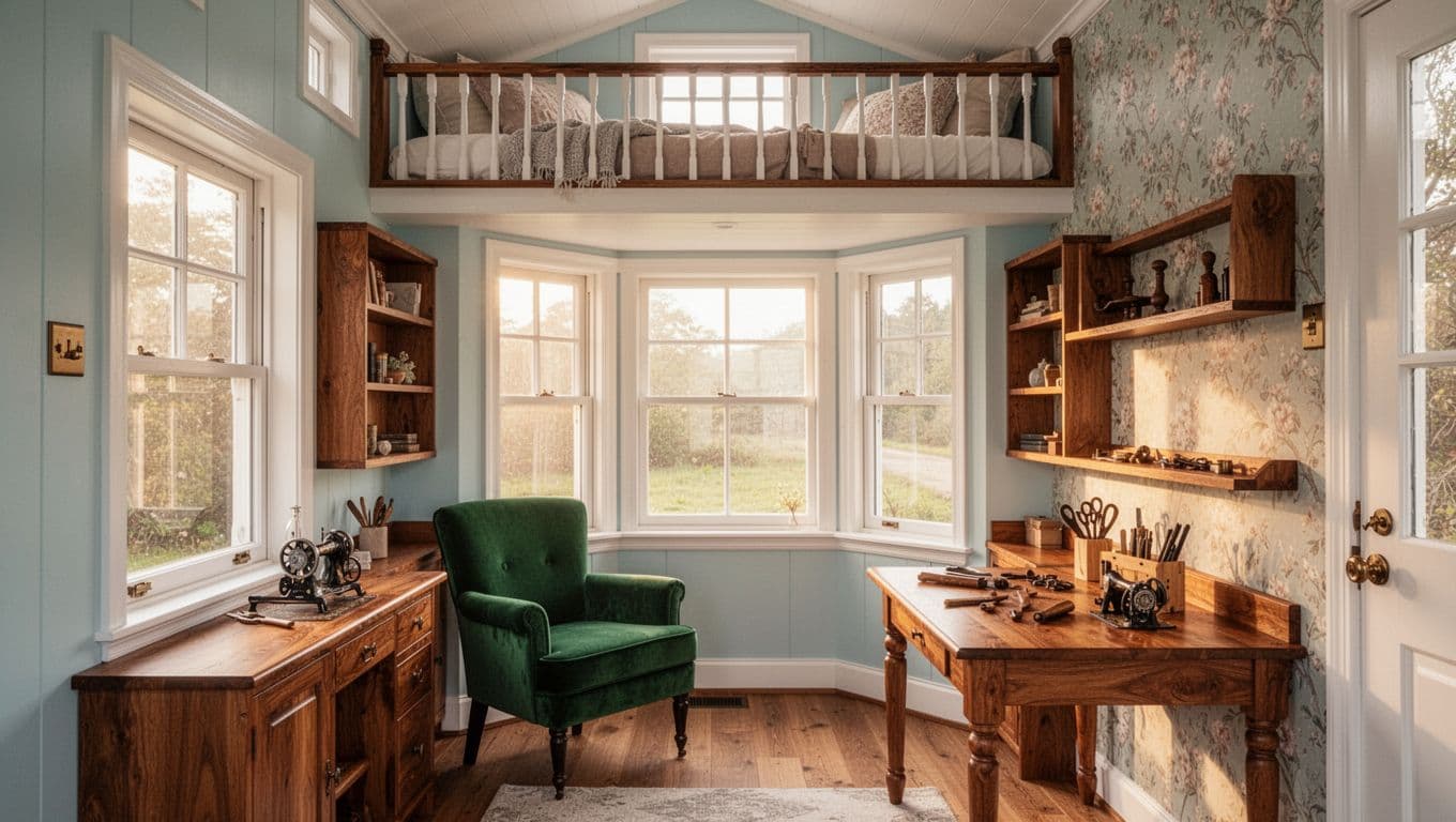 Cozy interior of a Victorian tiny house with romantic minimalism: pastel blue walls, emerald green velvet armchair, floral accent wallpaper, wooden shelves with craft tools, bay window natural light, and loft bedroom railing with soft bedding.