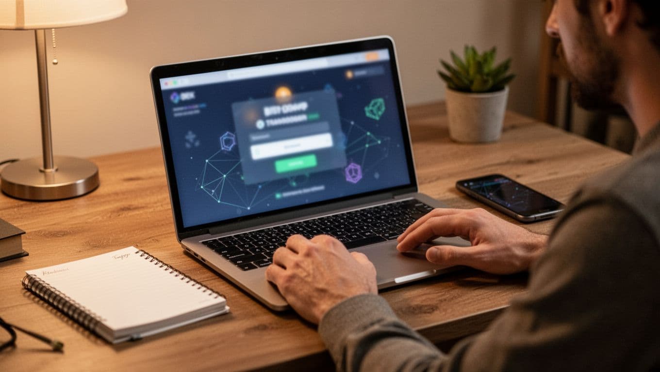 Exactly one person in a cozy workspace with laptop displaying a blurred transaction confirmation screen for a crypto swap on a DEX, hands relaxed on desk, notepad and phone beside, warm indoor lighting, realistic style.