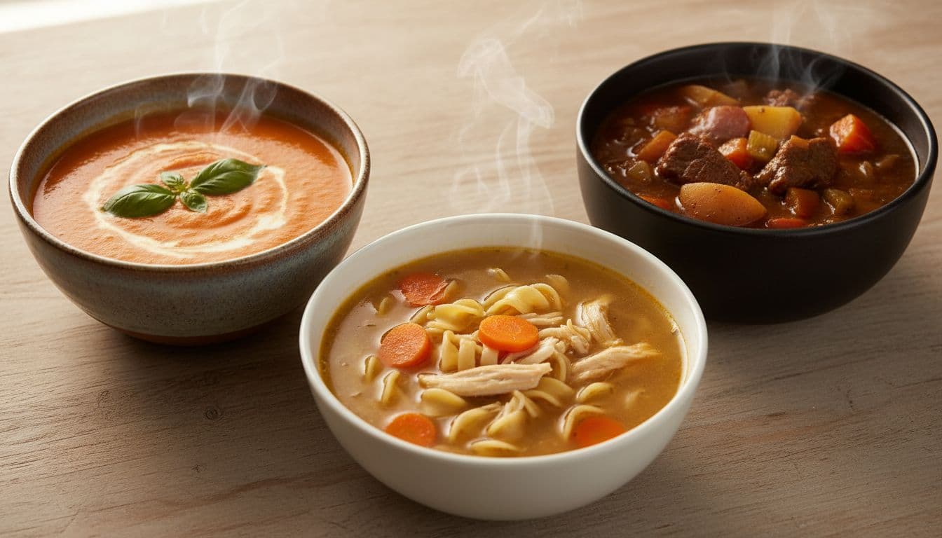 Cozy kitchen counter with three distinct soup bowls side by side: creamy tomato soup, golden chicken noodle broth, and hearty beef stew, on a wooden table under warm natural lighting, high-detail food photography.