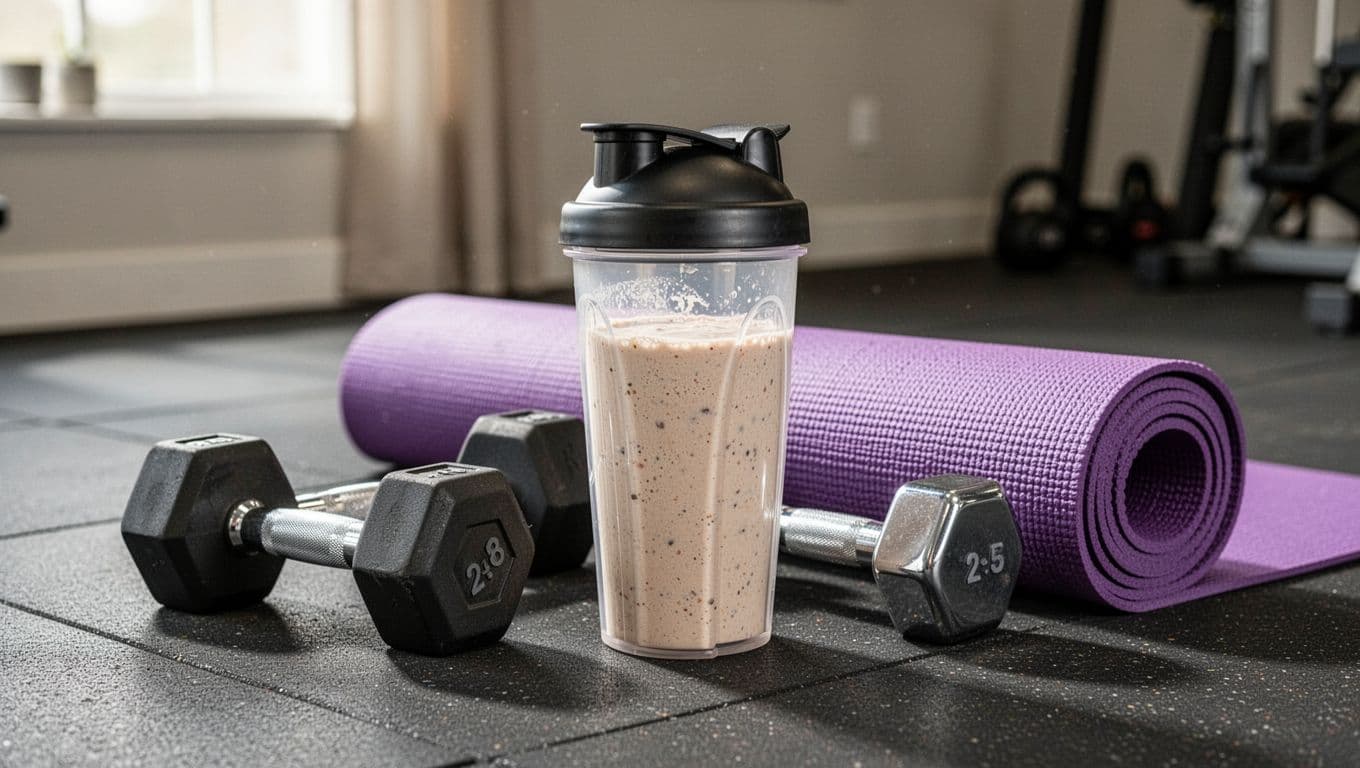Clear shaker bottle filled with thick creamy meal replacement shake next to two dumbbells of different sizes and a rolled-up yoga mat on a home gym floor under natural window light.