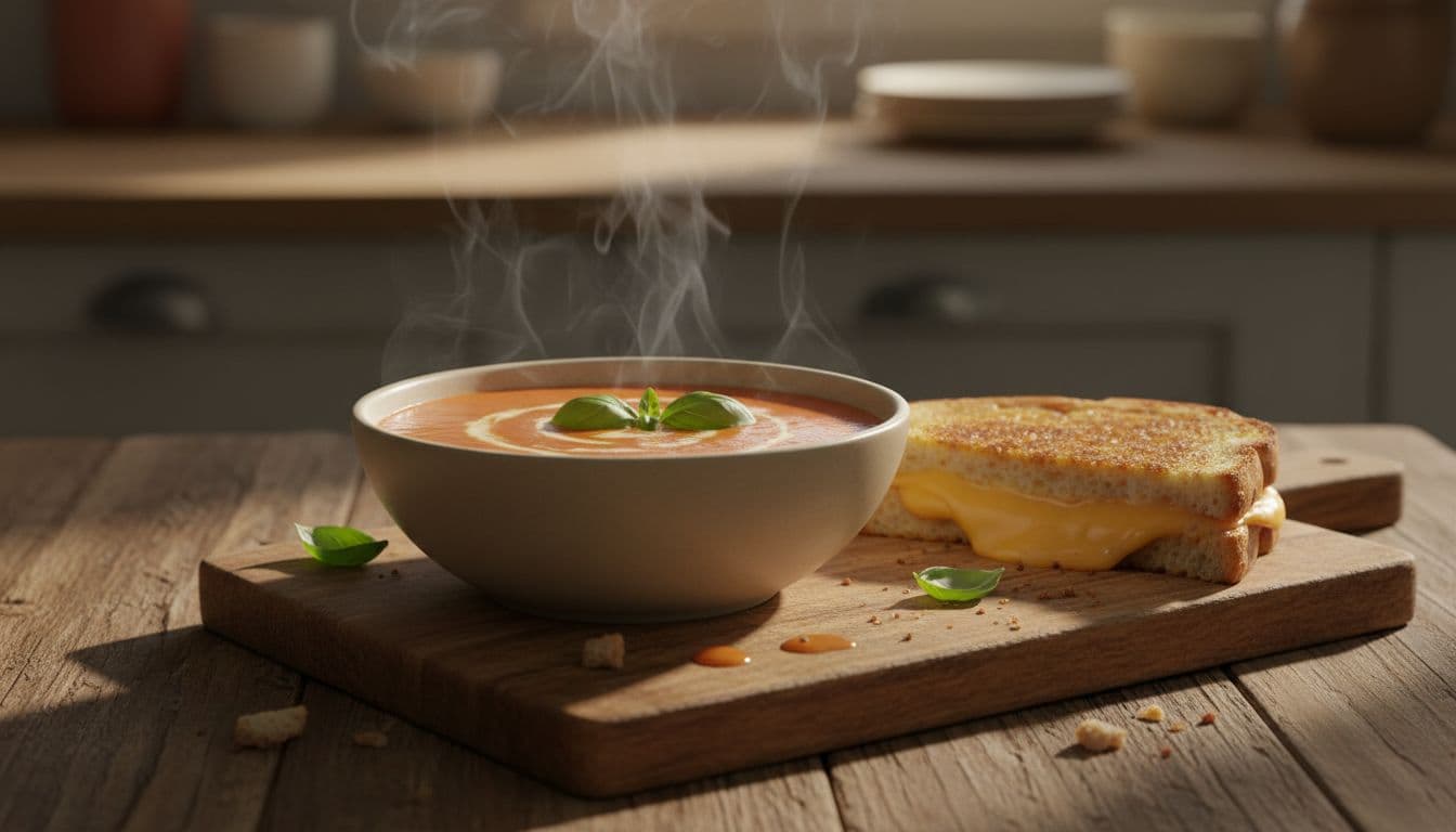 Steaming bowl of creamy tomato soup garnished with basil leaves next to a golden grilled cheese sandwich on a wooden cutting board in cozy kitchen lighting.
