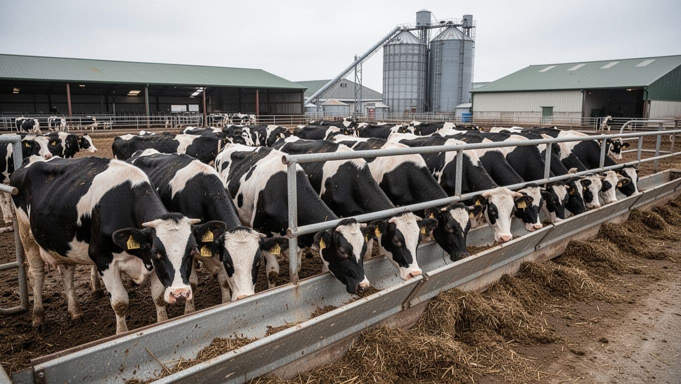 Crowded feedlot packed with grain-fed dairy cows eating corn and soy from long metal troughs amid industrial farm surroundings with barns and silos, captured in a wide elevated landscape view under diffused overcast daylight.