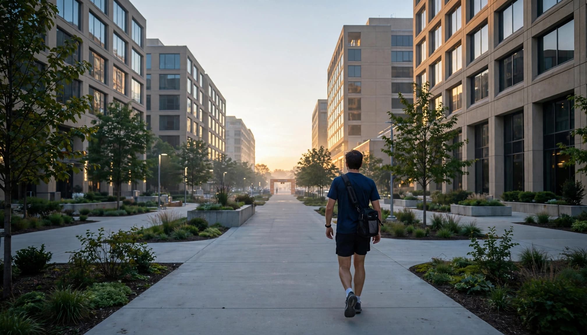 A runner with a small bag walks toward a distant race area near Crown Center.