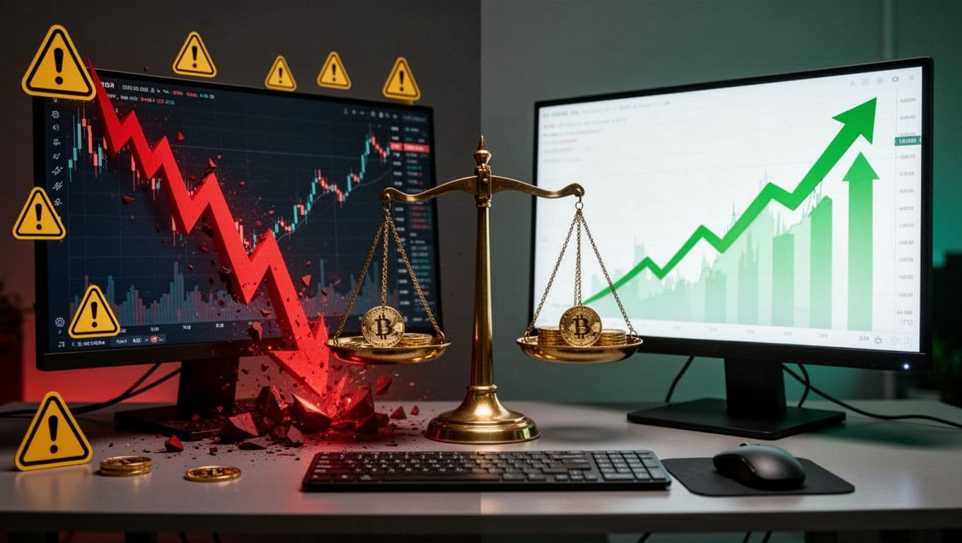 Split composition with a jagged red downward cryptocurrency price chart crashing on the left monitor and a green upward surging chart on the right, balanced centrally by a golden scale holding crypto coins on a modern trading desk.