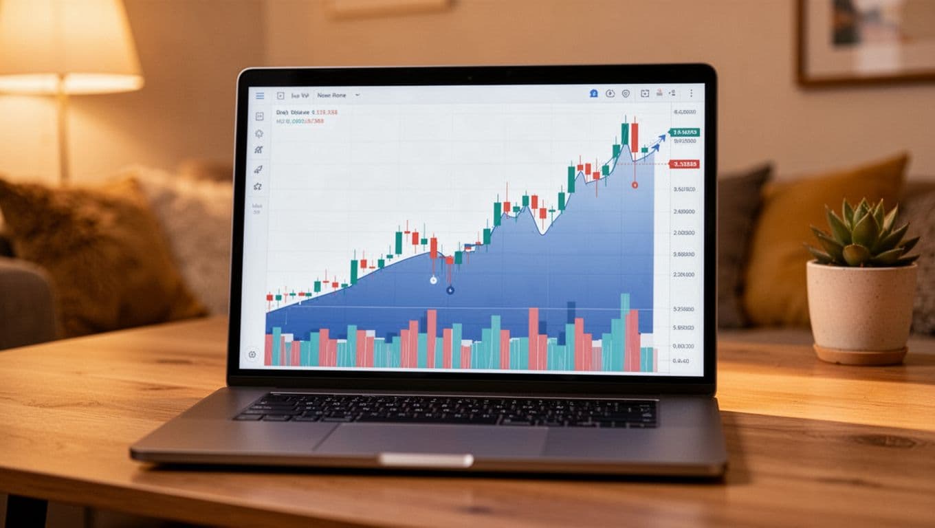 Simple candlestick chart on a laptop screen in a cozy room displays crypto price upward trend with spike and dump, volume bars below, clean beginner-friendly lines and warm lighting.