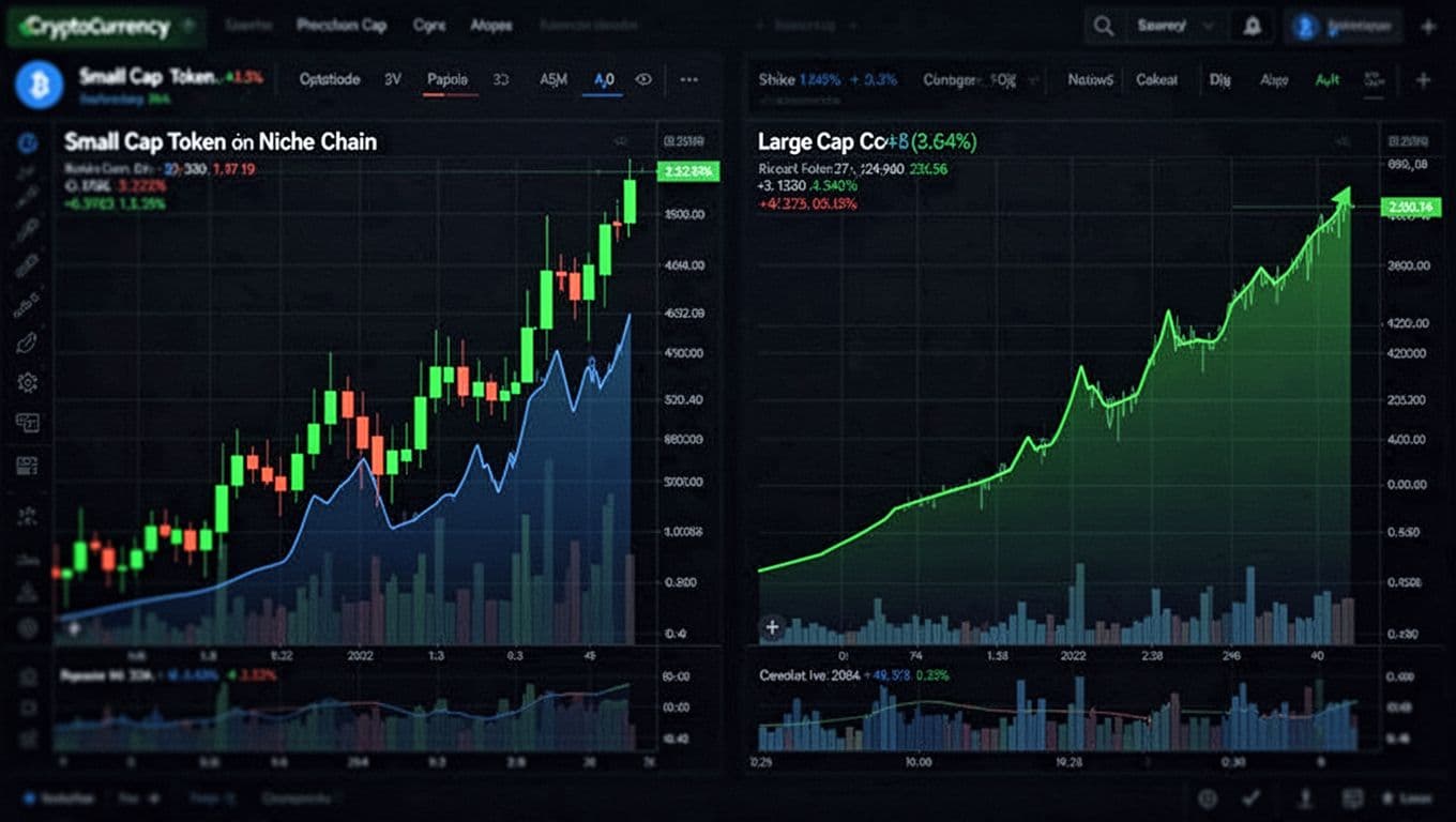 Side-by-side cryptocurrency price charts on a dark technical dashboard with neon green and blue lighting. Left chart displays a small cap token surging sharply with green candles, right chart shows a large cap coin rising slowly and steadily, realistic style, no text or watermarks.