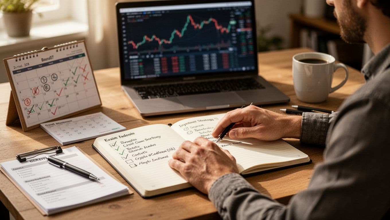 A person sits relaxed at a home office desk planning a cryptocurrency investment strategy, with an open notebook featuring handwritten notes and checklists, a calendar with marked dates, and a laptop showing a blurred price chart in the background. Warm natural daylight lights the scene, including a coffee mug and pen, captured in realistic photography style with landscape composition.