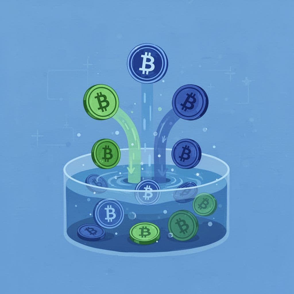 Simple abstract graphic of a cryptocurrency liquidity pool with tokens flowing into it, in modern flat design using blue and green tones.