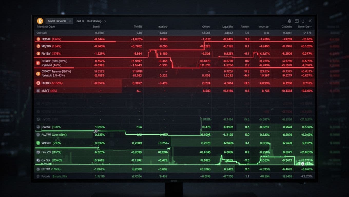 Realistic cryptocurrency exchange order book interface on a dark screen with subtle glow, showing sparse green buy orders at the bottom and red sell orders at the top separated by a wide gap indicating thin liquidity.
