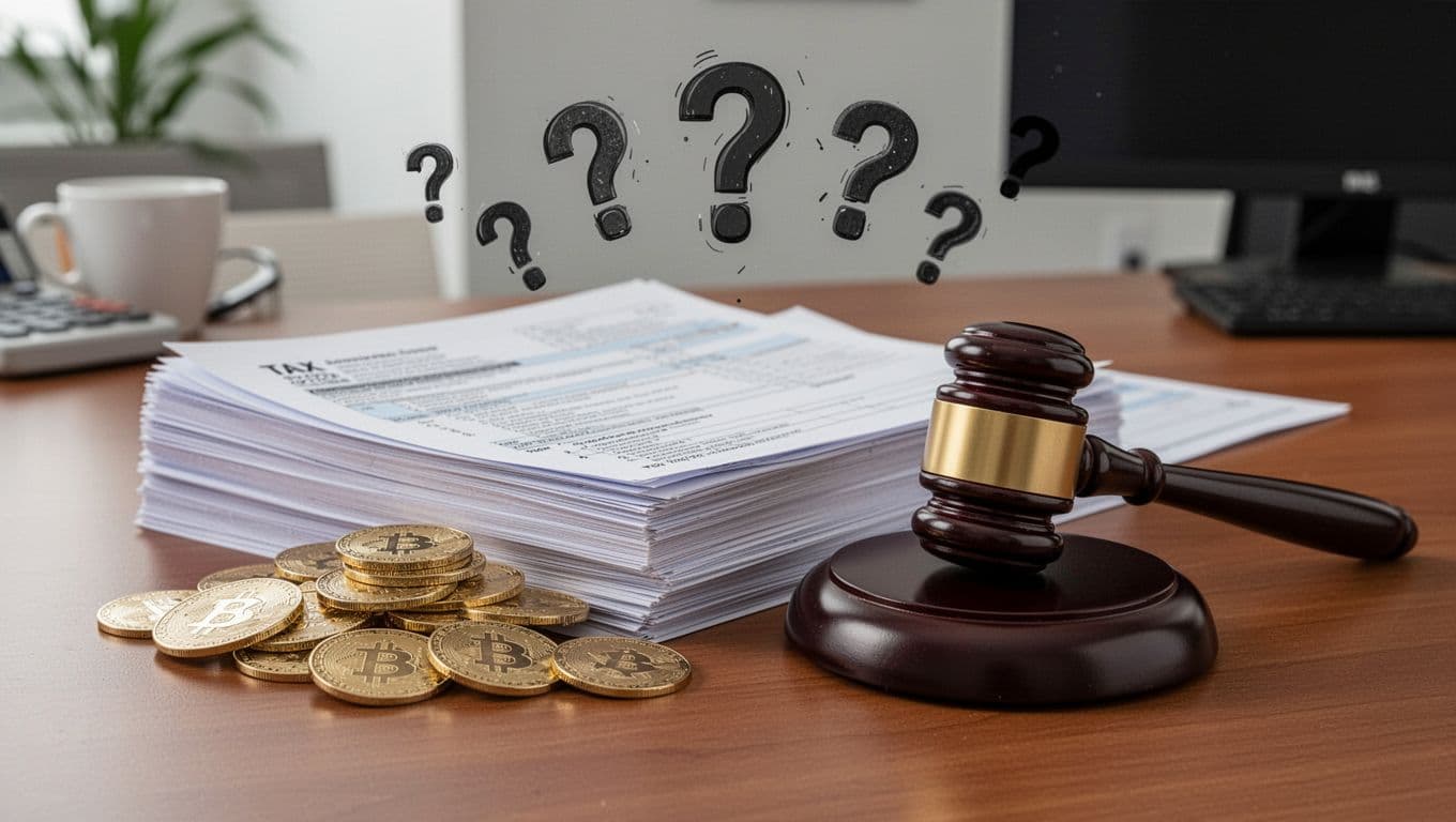 A realistic photo of a stack of tax forms next to cryptocurrency coins and a regulatory gavel on an office desk, with question marks floating above symbolizing uncertainty, under neutral lighting in a simple composition.