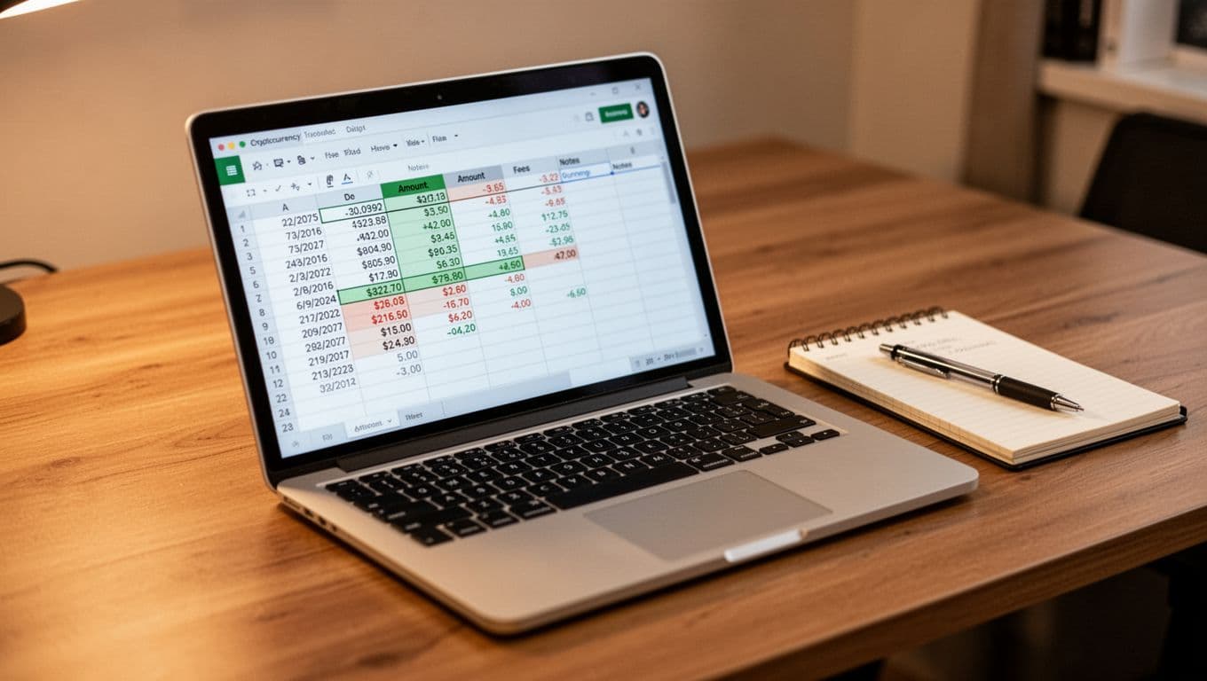 Laptop on a wooden desk displays a simple spreadsheet for cryptocurrency trade tracking with columns for date, amount, fees, and notes, viewed at an angle with no readable text. Notepad and pen beside it in soft warm office lighting, realistic photography style, landscape composition.