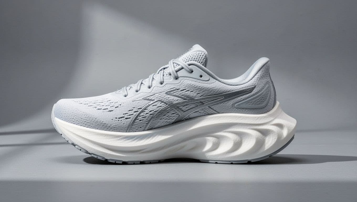 A high-performance running shoe sits on a sleek grey surface, highlighting an exceptionally thick, pillowy white foam midsole. The studio lighting accentuates the textured cushioning layers and ergonomic athletic design.