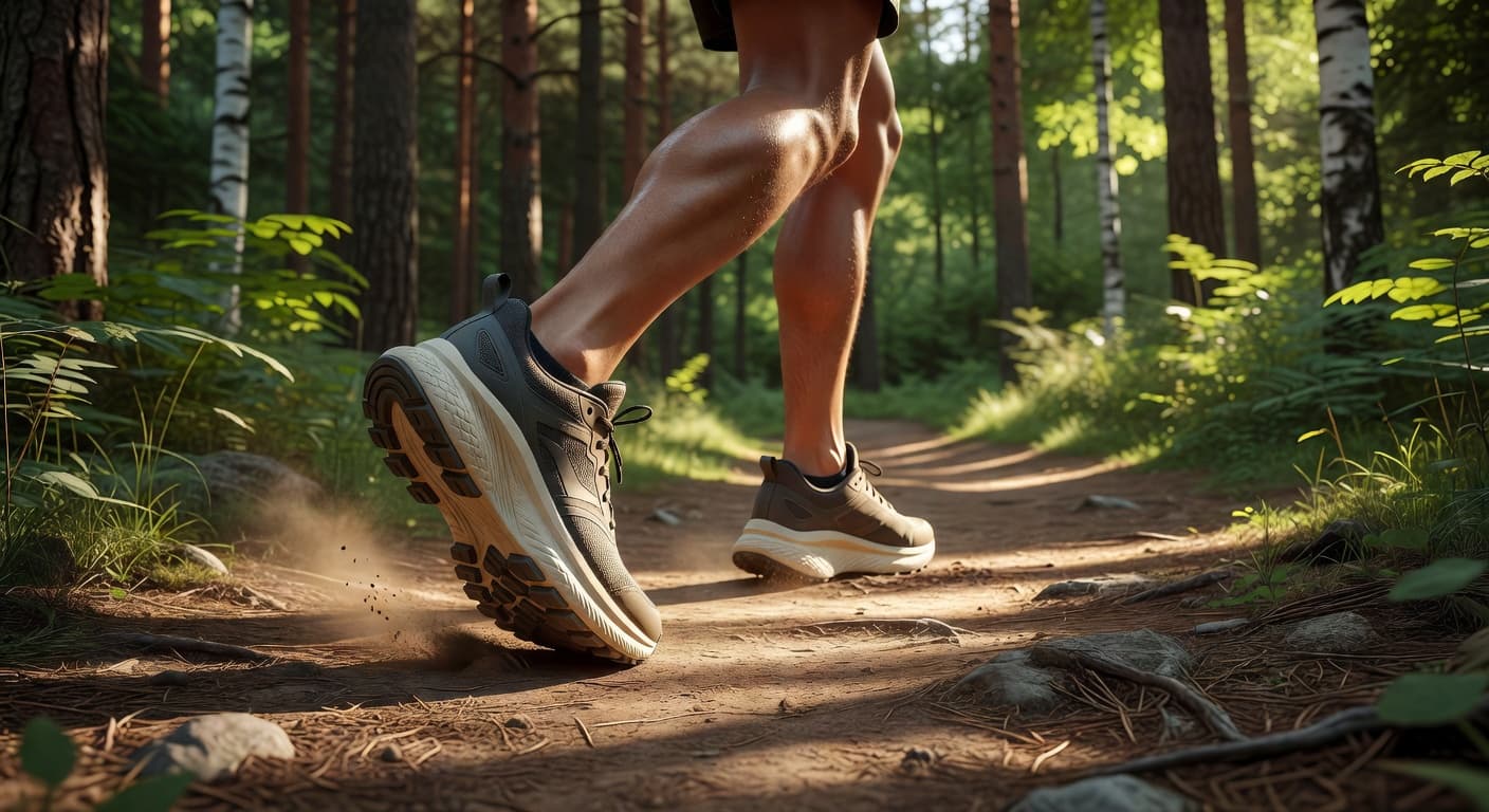 A close-up side profile captures the thick midsole and rugged tread of a trail running shoe mid-stride. The runner moves across a soft dirt forest path illuminated by natural daylight.