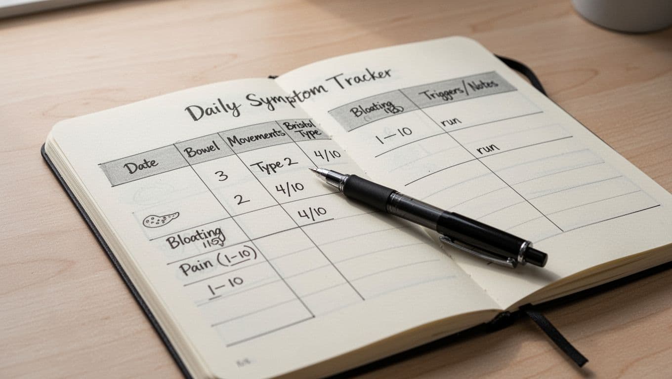 Close-up realistic photo of an open notebook on a light wooden desk with soft daylight, featuring a handwritten daily symptom tracker page for bowel movements, Bristol type, bloating, pain levels, and notes, with a single black pen across the page.