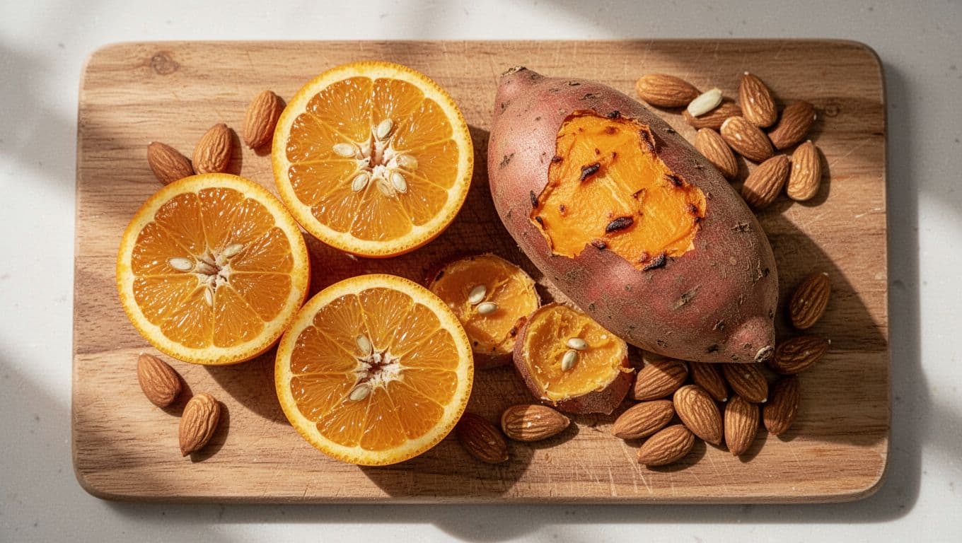 Fresh sliced oranges, whole sweet potatoes, and scattered raw almonds on a wooden cutting board in a sunlit kitchen, top-down photorealistic food styling showcasing sources of vitamins C, A, and E.