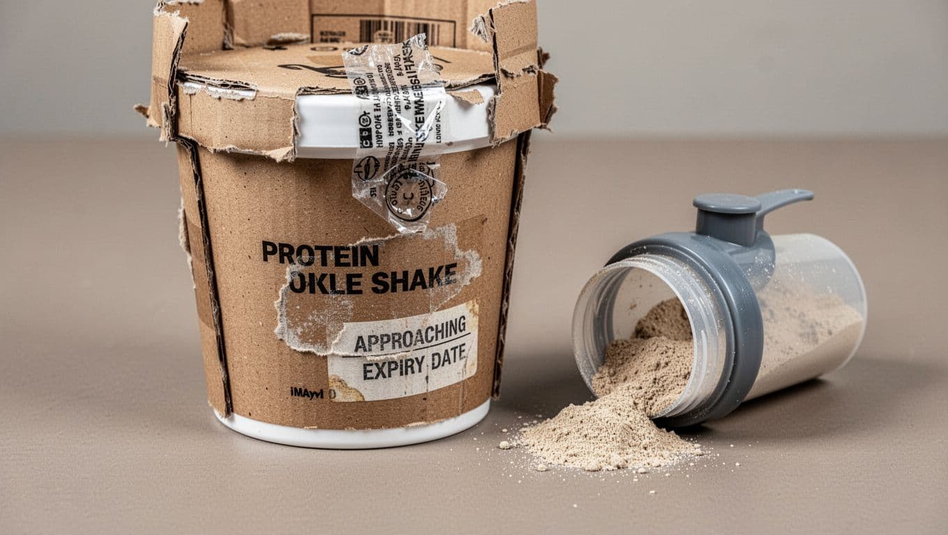 Close-up realistic photography of a Herbalife nutrition shake tub with torn cardboard packaging, broken tamper-evident seal, faded near-expiry date sticker, and bundled cheap shaker spilling out, illustrating product deal pitfalls on a neutral table.
