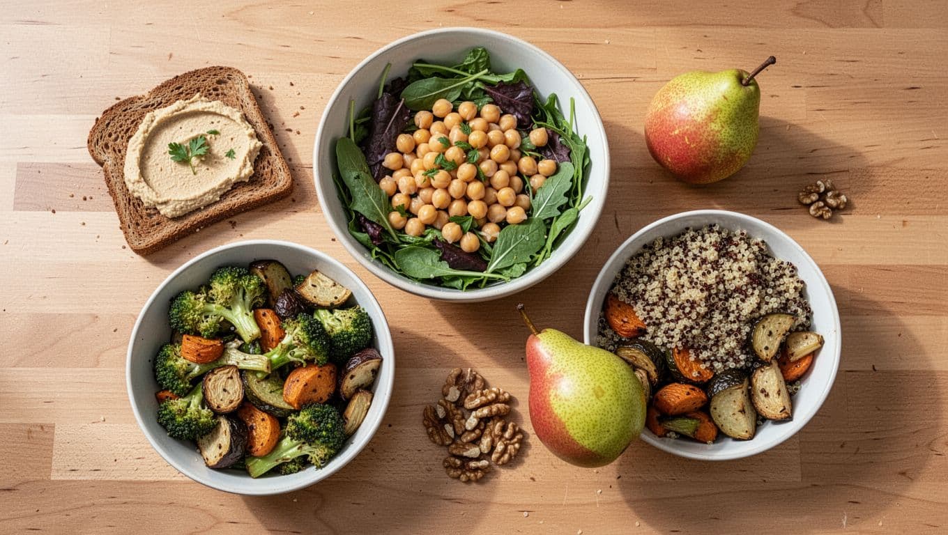 Overhead landscape view of Day 2 constipation relief meals on a wooden kitchen table, featuring rye toast with hummus, chickpea salad, quinoa with roasted vegetables, whole pear, and nuts, arranged appetizingly in bright natural light.
