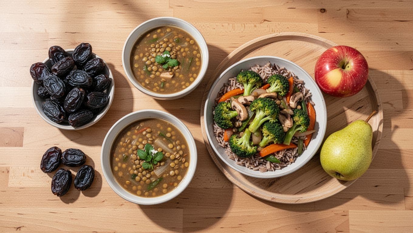 Overhead landscape view of Day 3 constipation relief meals arranged on a wooden kitchen table, including prunes, lentil soup, broccoli brown rice stir-fry, and whole fruit like apple or pear, in bright natural daylight with vibrant colors.