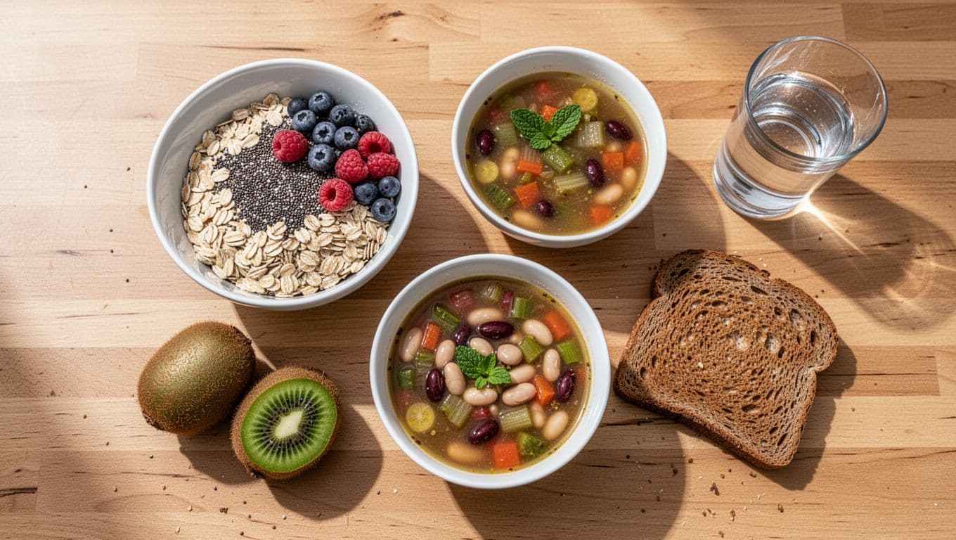 Overhead landscape view of Day 1 constipation relief meals on a wooden kitchen table, featuring oatmeal with chia seeds and berries, whole kiwis, veggie soup with beans, rye toast, and mineral water, arranged appetizingly in bright natural daylight with vibrant colors.