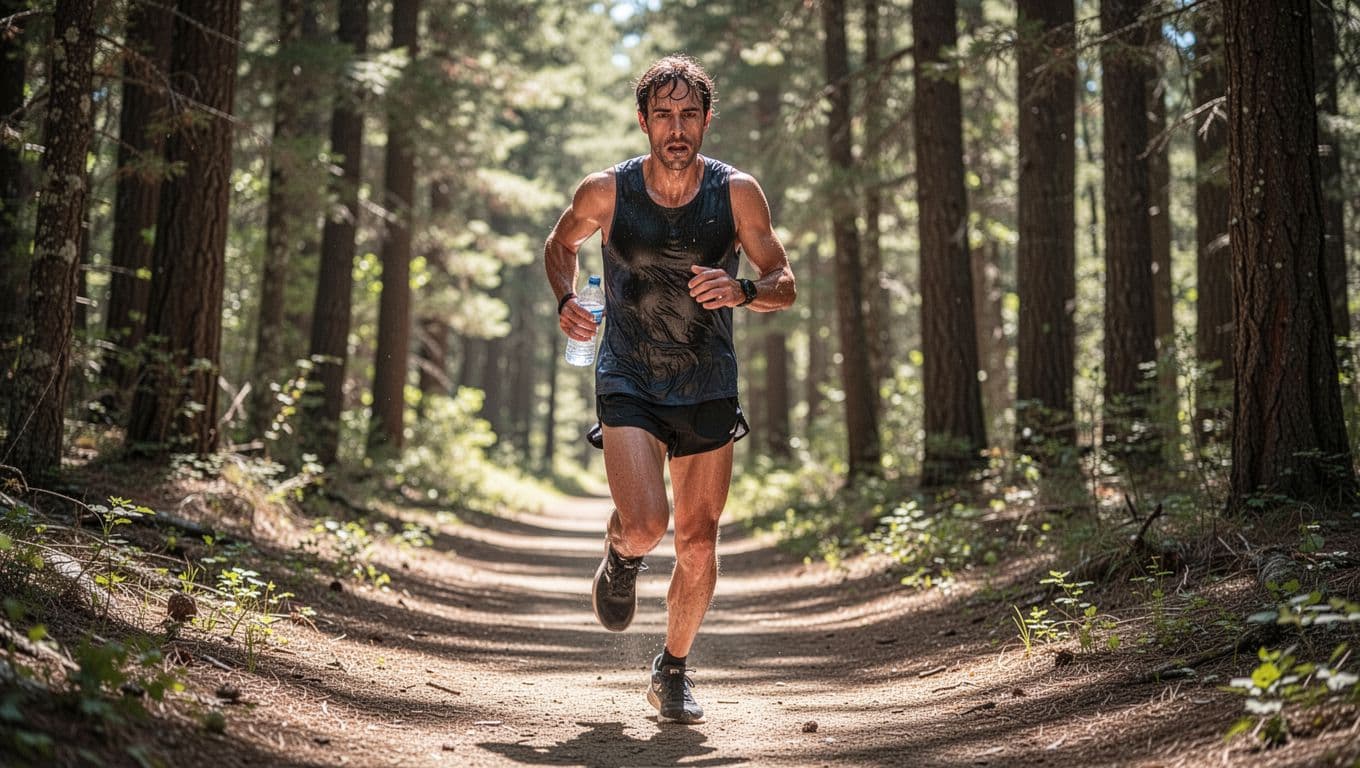 Sweaty runner with fatigued expression and dry cracked lips strides on sunny trail holding empty water bottle.
