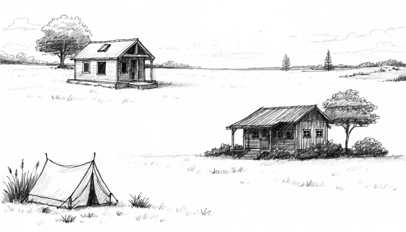 A graphite sketch of a tiny house, a rustic cabin, and a tent in a field.
