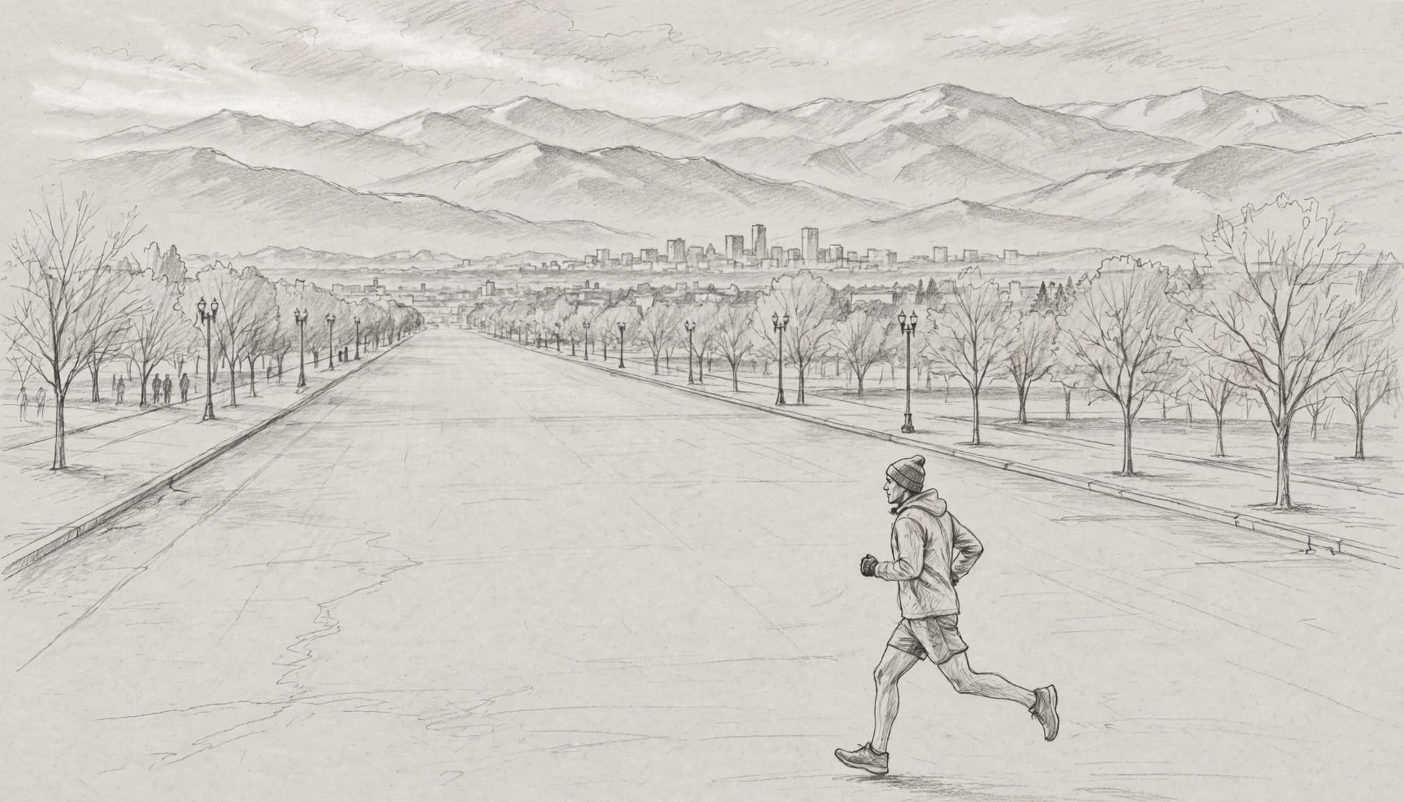 A lone runner moves down a Denver avenue beneath faint Rocky Mountain peaks.