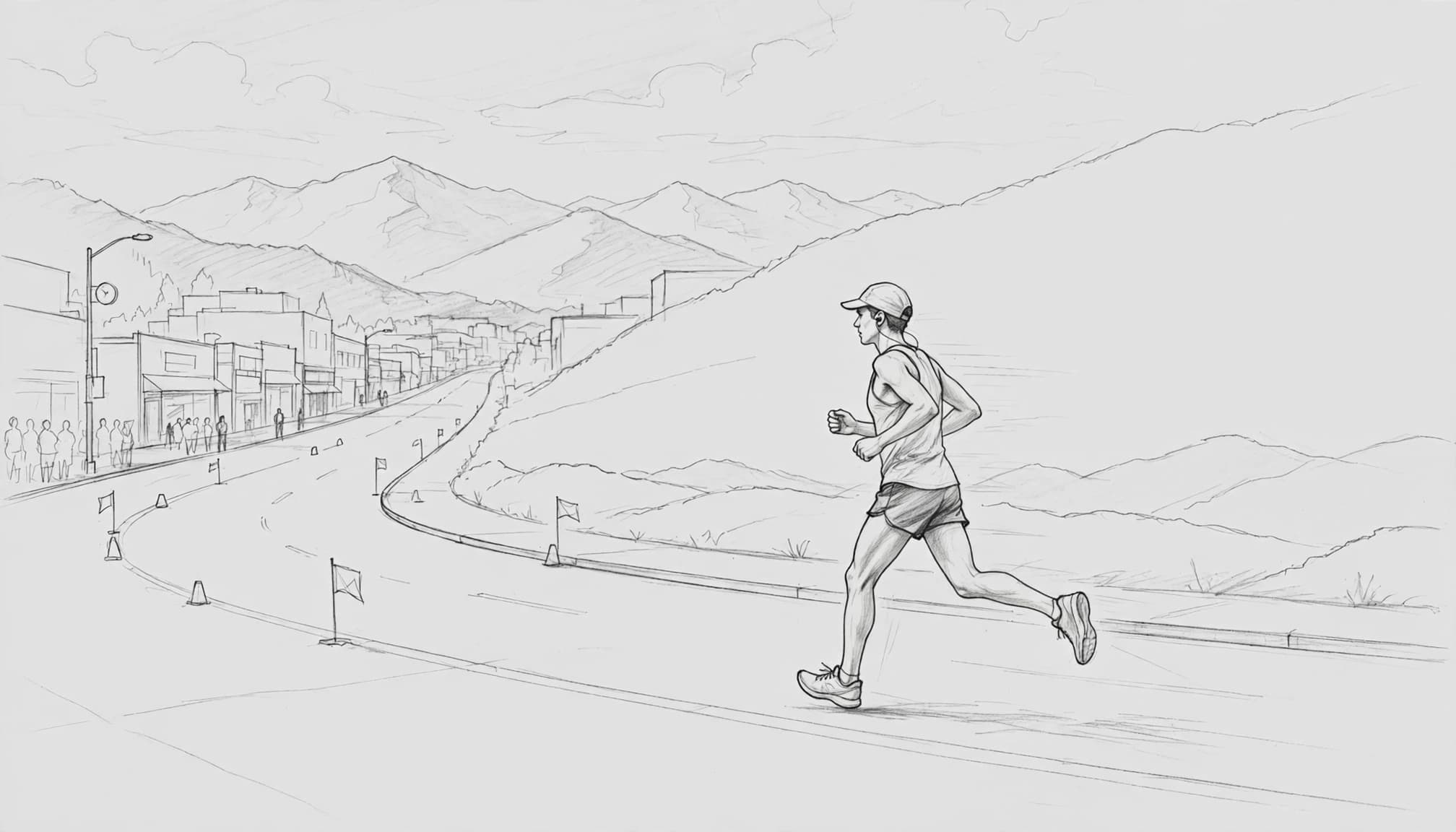 A lone marathon runner follows a city street with mountains in the distance.