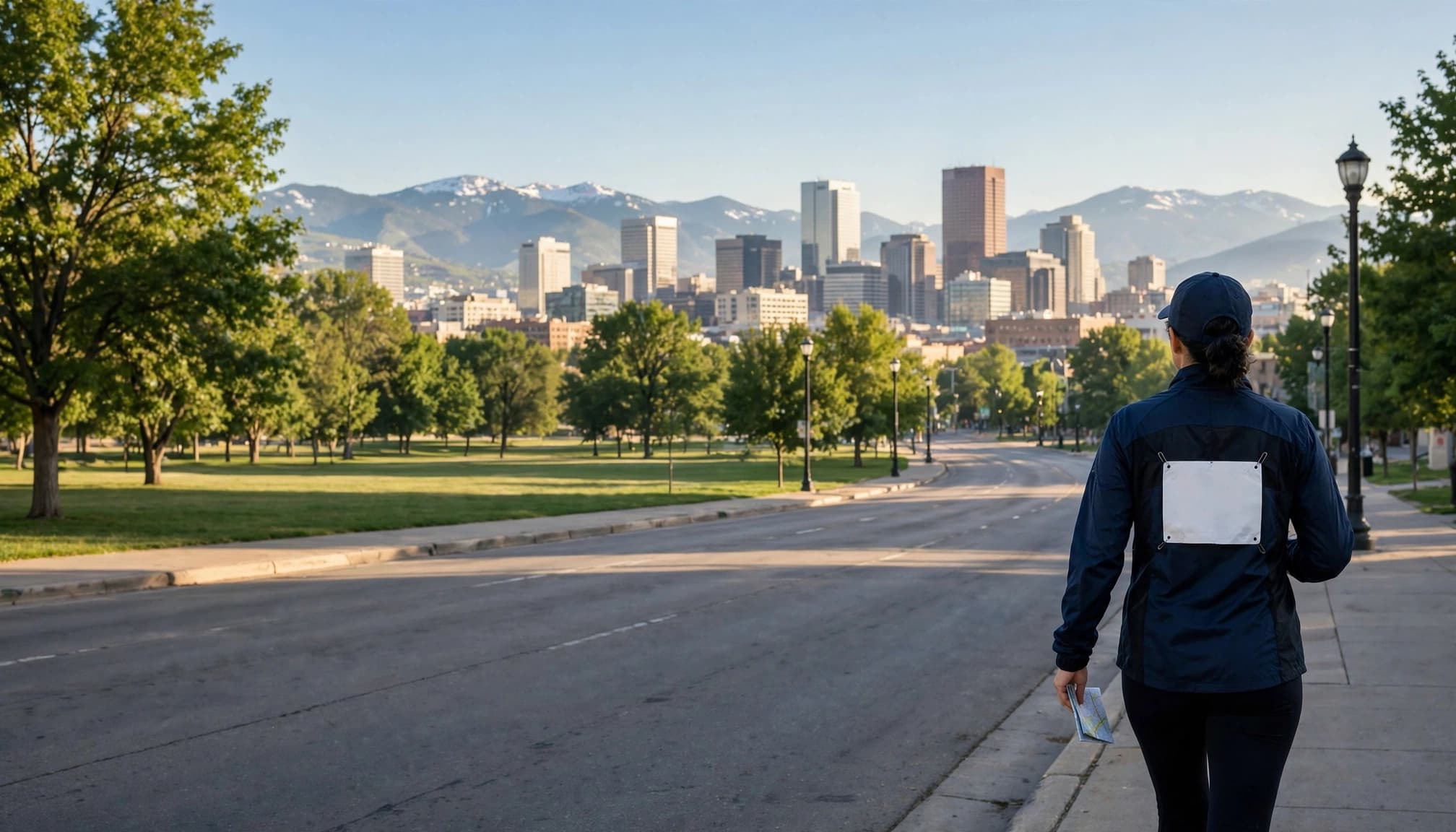 A runner with a folded map overlooks sunlit Denver streets and a green park corridor.