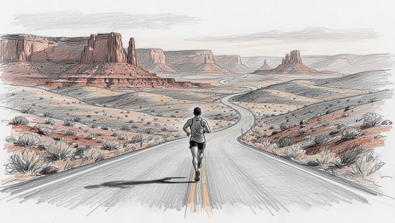 A lone runner descends an open road through Utah desert terrain.