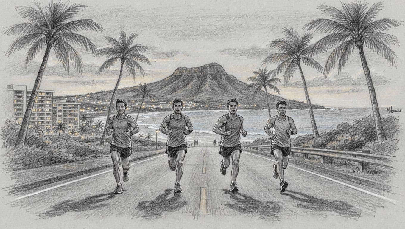 Four runners follow a coastal road near Diamond Head at dawn.
