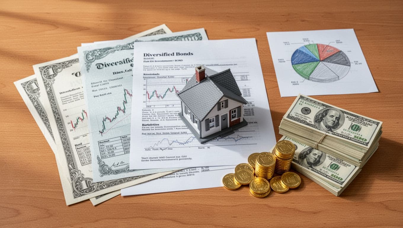 Flat lay composition on a wooden desk featuring symbols of diversified investments: stock certificates, bond documents, real estate model house, stacks of cash and gold coins, with a subtle pie chart, in clean illustrative realistic style under natural light.