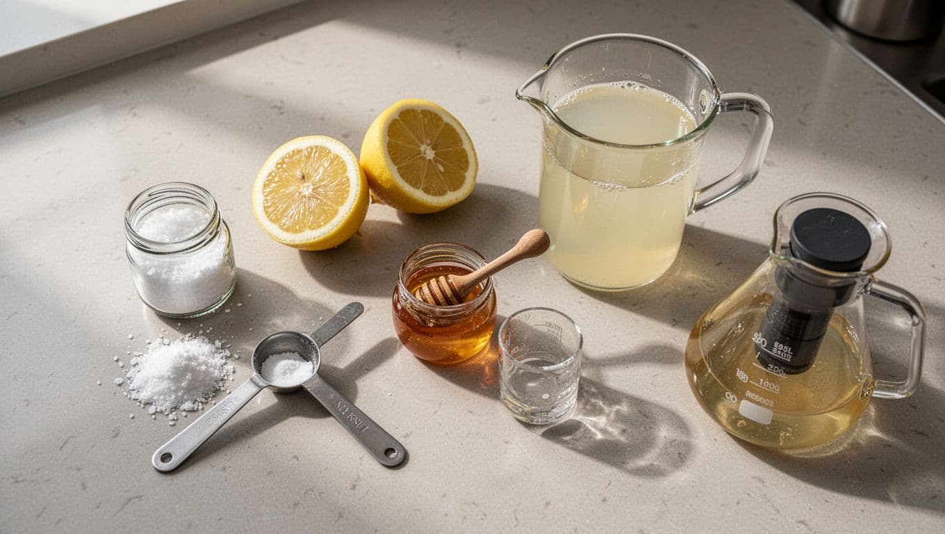 Top view of kitchen counter with sea salt jar, NoSalt shaker, magnesium powder scoop, halved lemons, honey jar, electrolyte pitcher, and running flask.