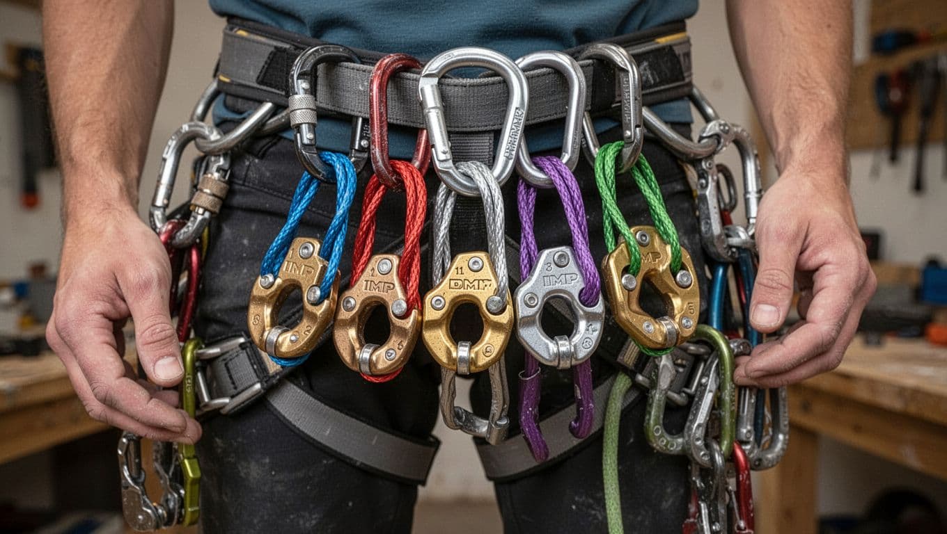 Climber's gear rack hanging from a harness carabiner loop displaying exactly five DMM IMP brass micro nuts in sizes 1-5 with color-coded wires, mixed with larger aluminum nuts and small cams, in natural indoor workshop lighting.