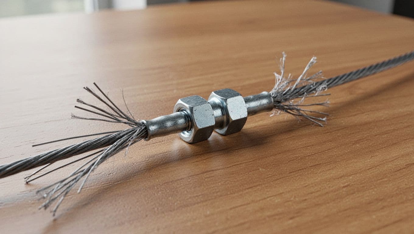 Close-up detailed view of a single DMM Peenut offset micro nut on a clean wooden table under soft natural lighting, highlighting the thin wire cable with intact strands on one side and subtle fraying on the other, swage crimp, and nut head edges for inspection.