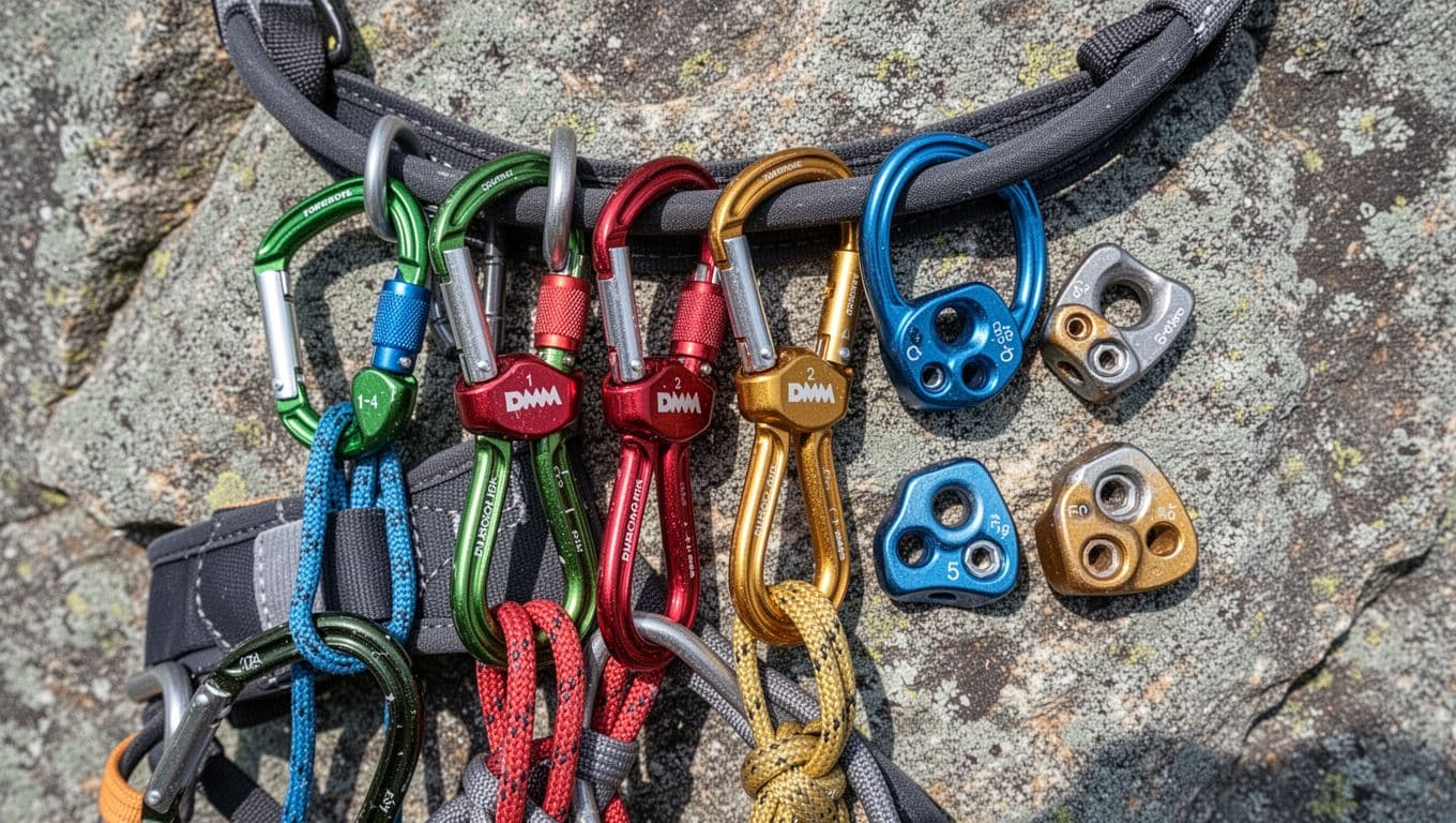 Top-down view of DMM Torque nuts sizes 1-4 (green, red, gold, blue) and Rocks nuts sizes 5-8 racked compactly on <a href=