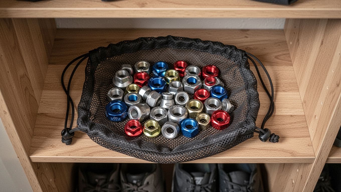 Top-down view of clean DMM Wallnuts, Torque Nut, and Halfnuts neatly stored loose in a mesh drawstring gear bag on a wooden shelf in a dry indoor closet, with soft even lighting highlighting colors and organization.