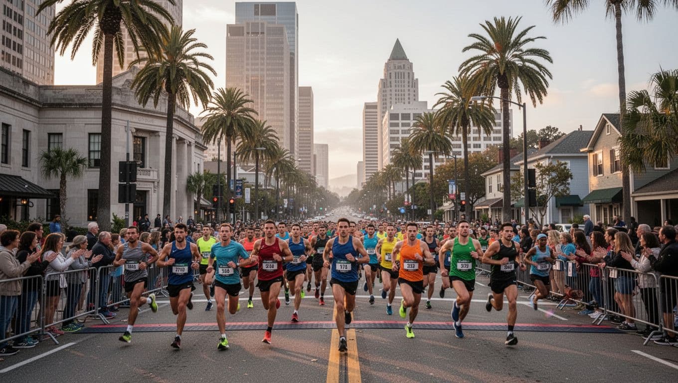 Group of 20-30 runners charging from the urban start line in downtown Los Angeles at dawn, weaving past City Hall with palm trees and skyscrapers toward quieter neighborhoods, under soft morning light.