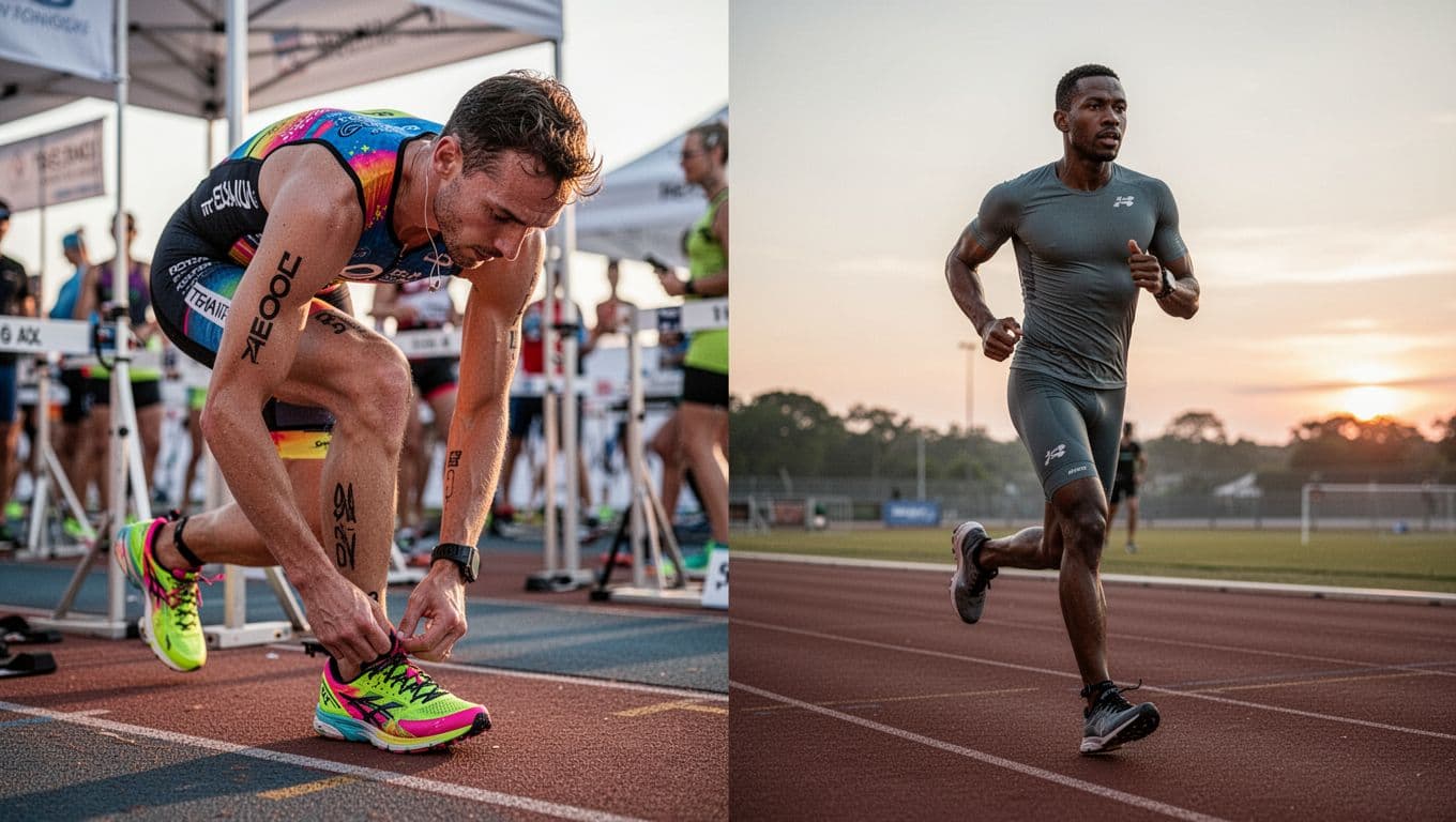 On the left, a triathlete adjusts a vibrant shoe while kneeling in a transition zone. On the right, a lone athlete jogs along a red track during the golden dawn light.