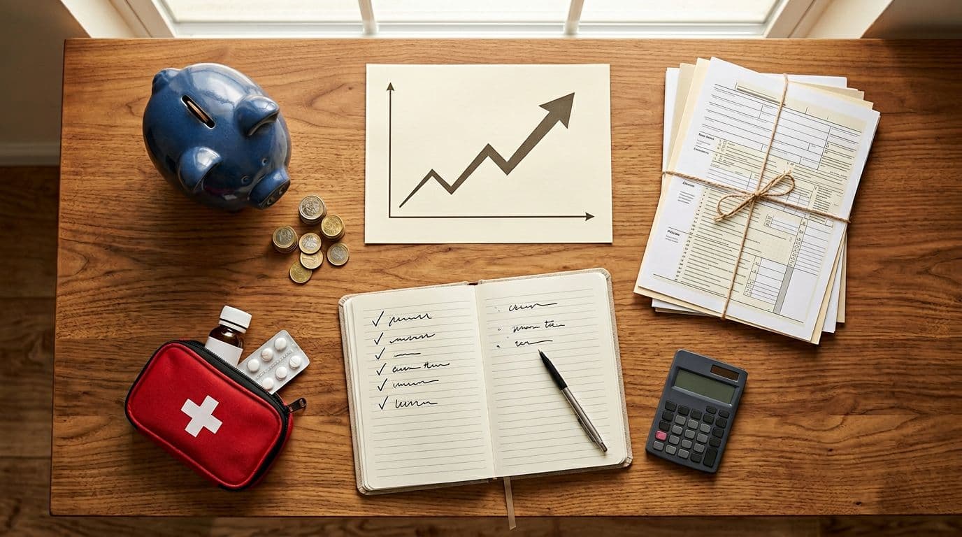 Top-down view of a clean wooden desk with symbolic items for early retirement planning buffers: piggy bank for emergency fund, medical kit for health insurance, upward arrow graph for inflation, tax forms, calculator, and checklist notebook, in highly detailed photorealistic style with warm sunlight.