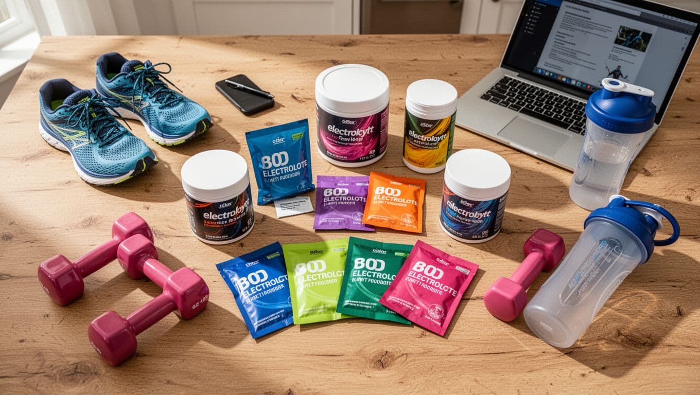 Colorful electrolyte powder packets and tubs on wooden counter with running shoes, dumbbells, laptop, and shaker bottles.