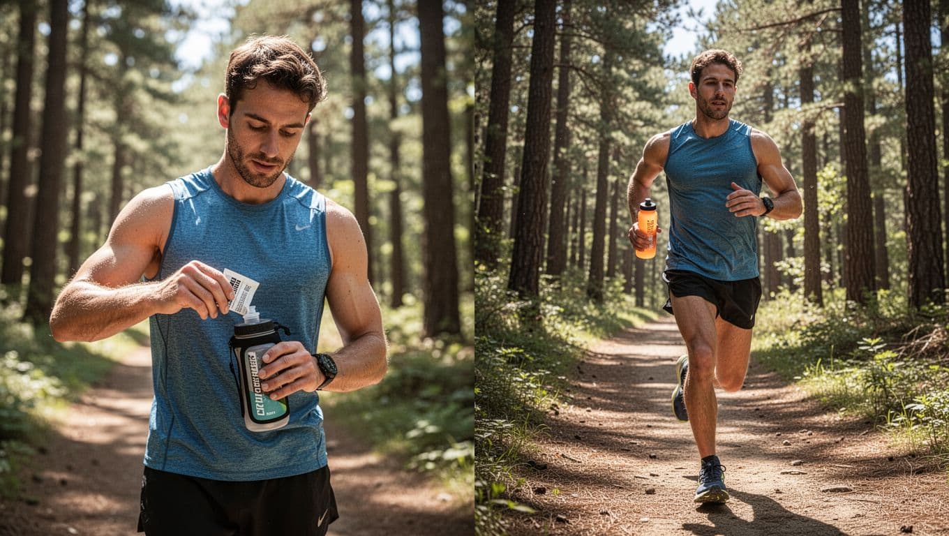 One runner mixes electrolyte powder into a bottle on a sunny forest trail, another runs nearby holding a sports drink.