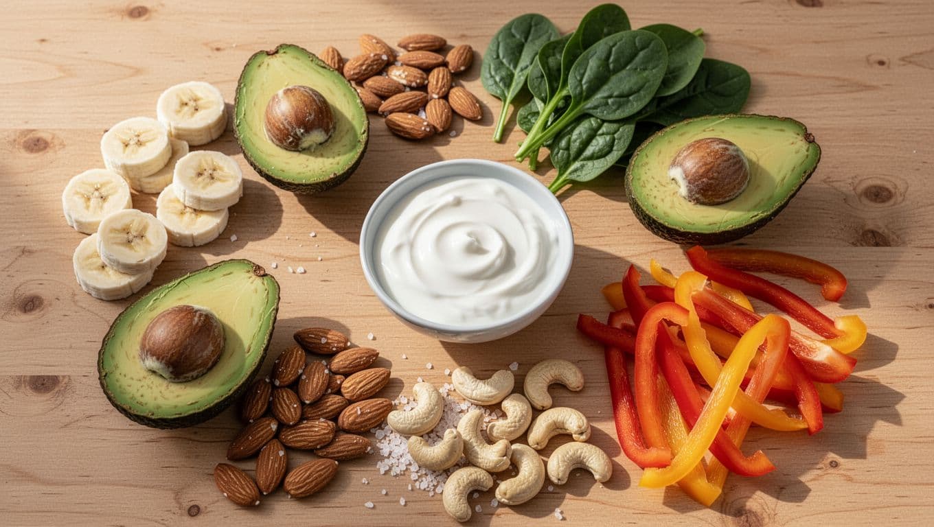 Vibrant top-down view of fresh electrolyte-rich foods on a wooden table, including ripe bananas, sliced avocados, spinach leaves, yogurt, salted nuts, and colorful bell peppers in natural morning light.