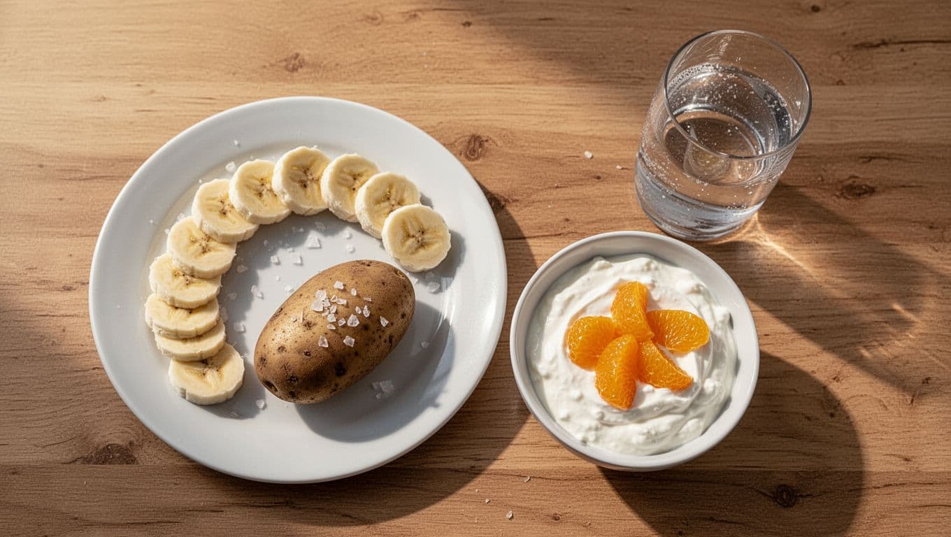 Realistic top-down view of a kitchen table breakfast for runners featuring sliced banana on a plate, small baked potato sprinkled with salt, bowl of Greek yogurt topped with orange segments, and a glass of coconut water, illuminated by natural morning sunlight with high-detail food textures.